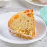 Slice of peach cobbler pound cake on a plate