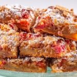 Up-close photo of stacked rhubarb bars