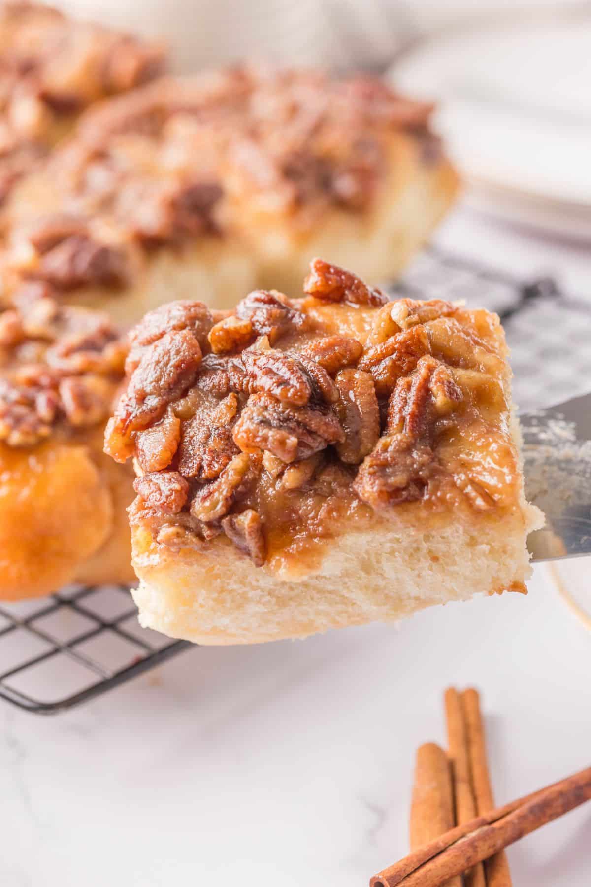 cinnamon roll on a spatula in front of more rolls
