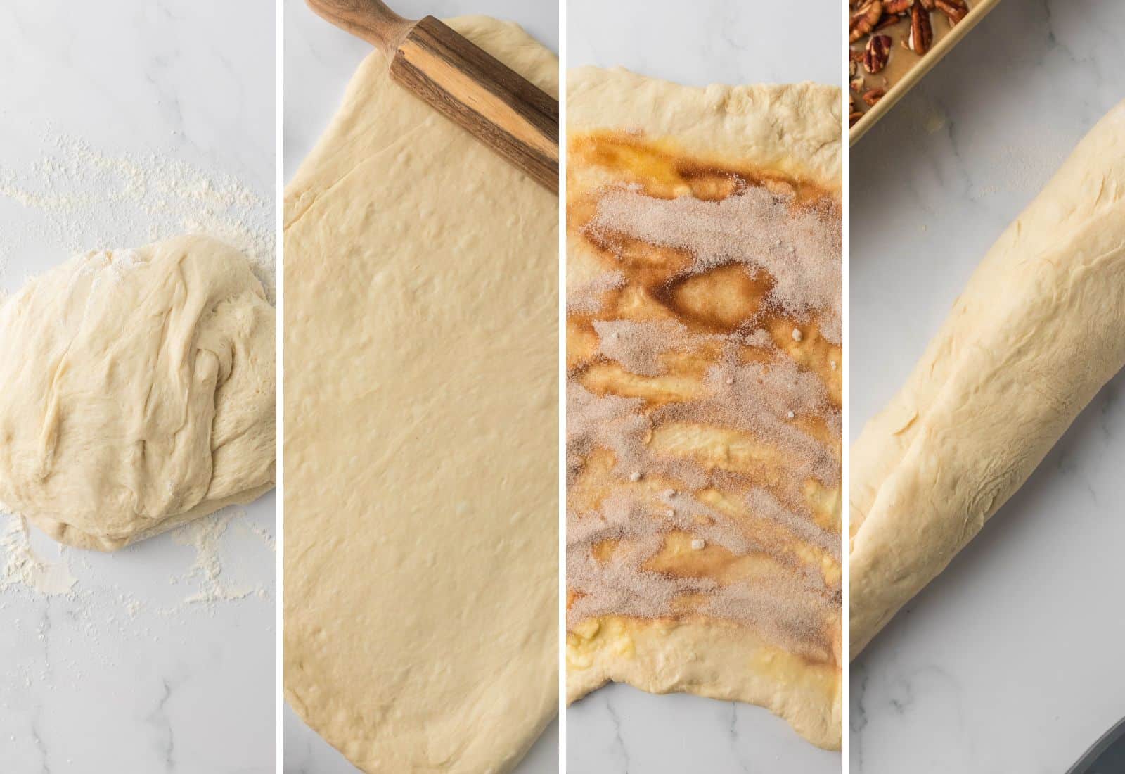 Turning the dough into a cinnamon filled roll