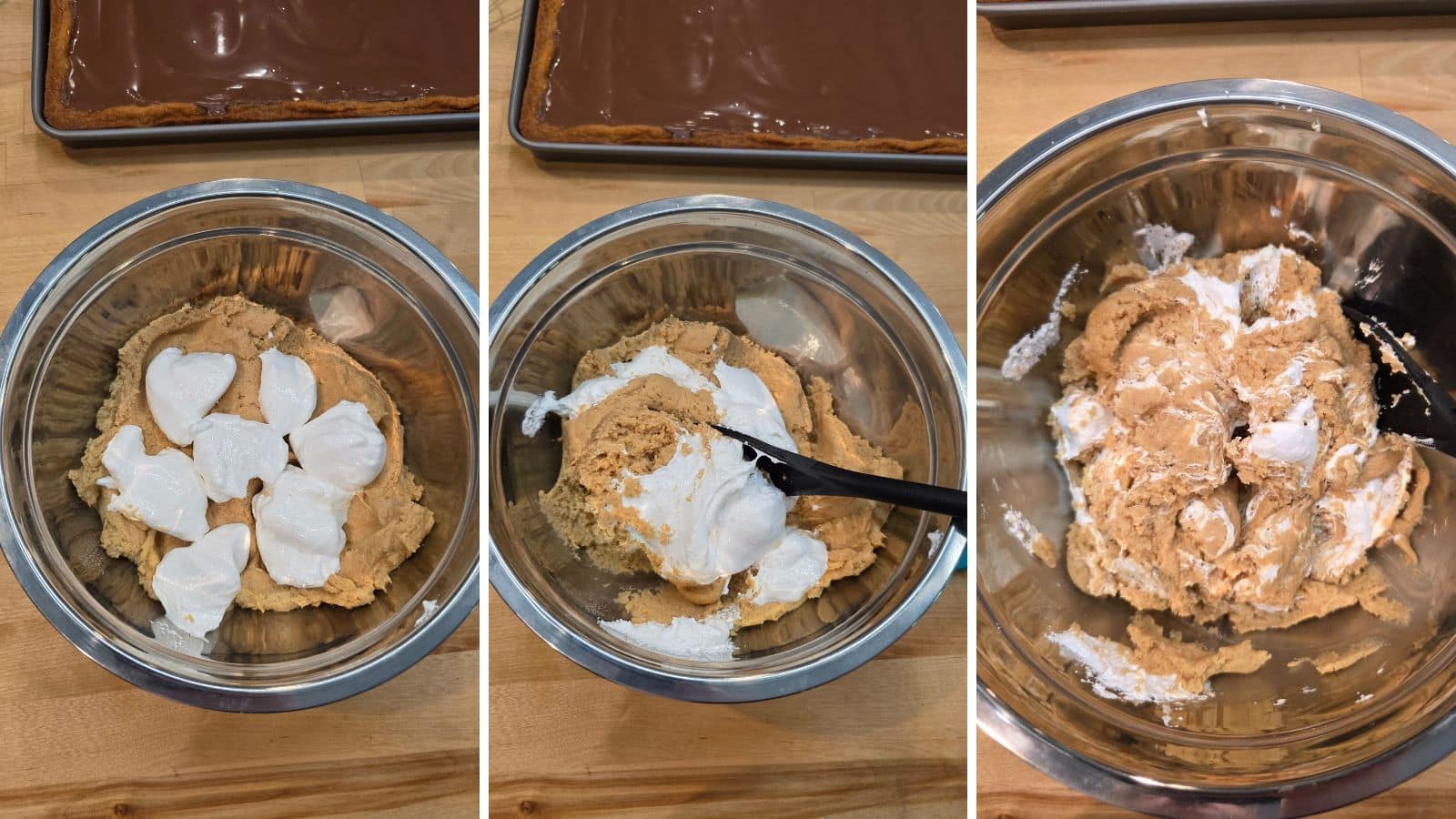 Dollops of fluff on cookie dough, folding in marshmallow fluff, dough after mixing in fluff.