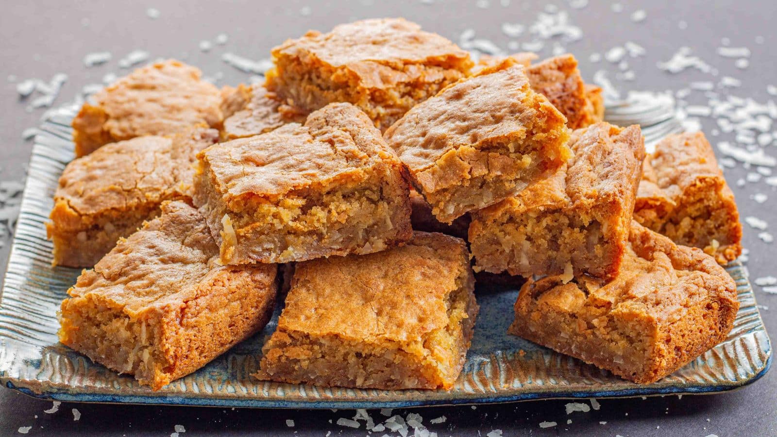 serving tray filled with coconut blondie bars