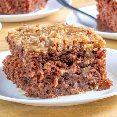 chocolate poke cake with coconut and pecan frosting