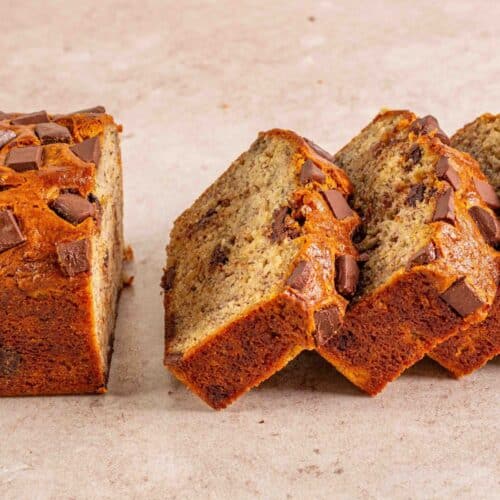 loaf of banana bread with chocolate chunks sliced