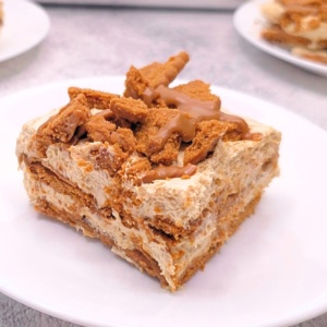 Layered no-bake dessert topped with biscoff cookie crumbles and melted cookie butter